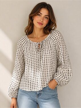 Boo Gemes Women’s Polka Dot Peasant Blouse - White with Black Dots‎ Sz Sm BOHO
